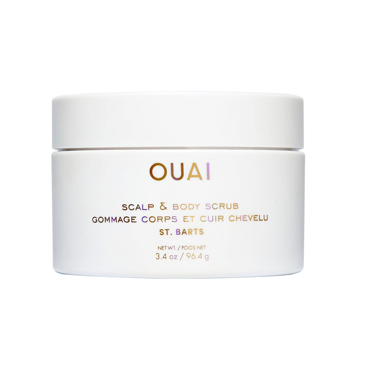 OUAI front packaging of St. Barts travel scrub showing size and branding benefits