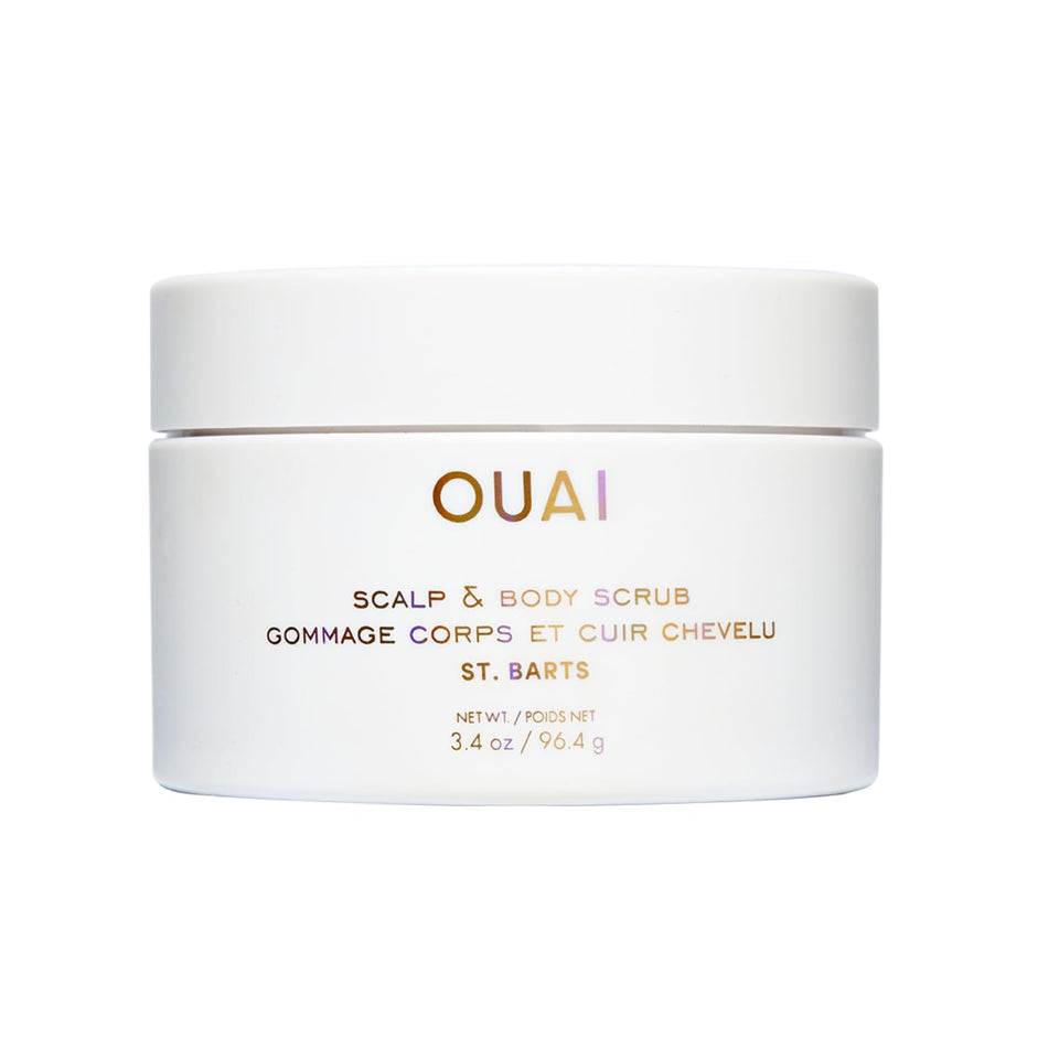 OUAI front packaging of St. Barts travel scrub showing size and branding benefits