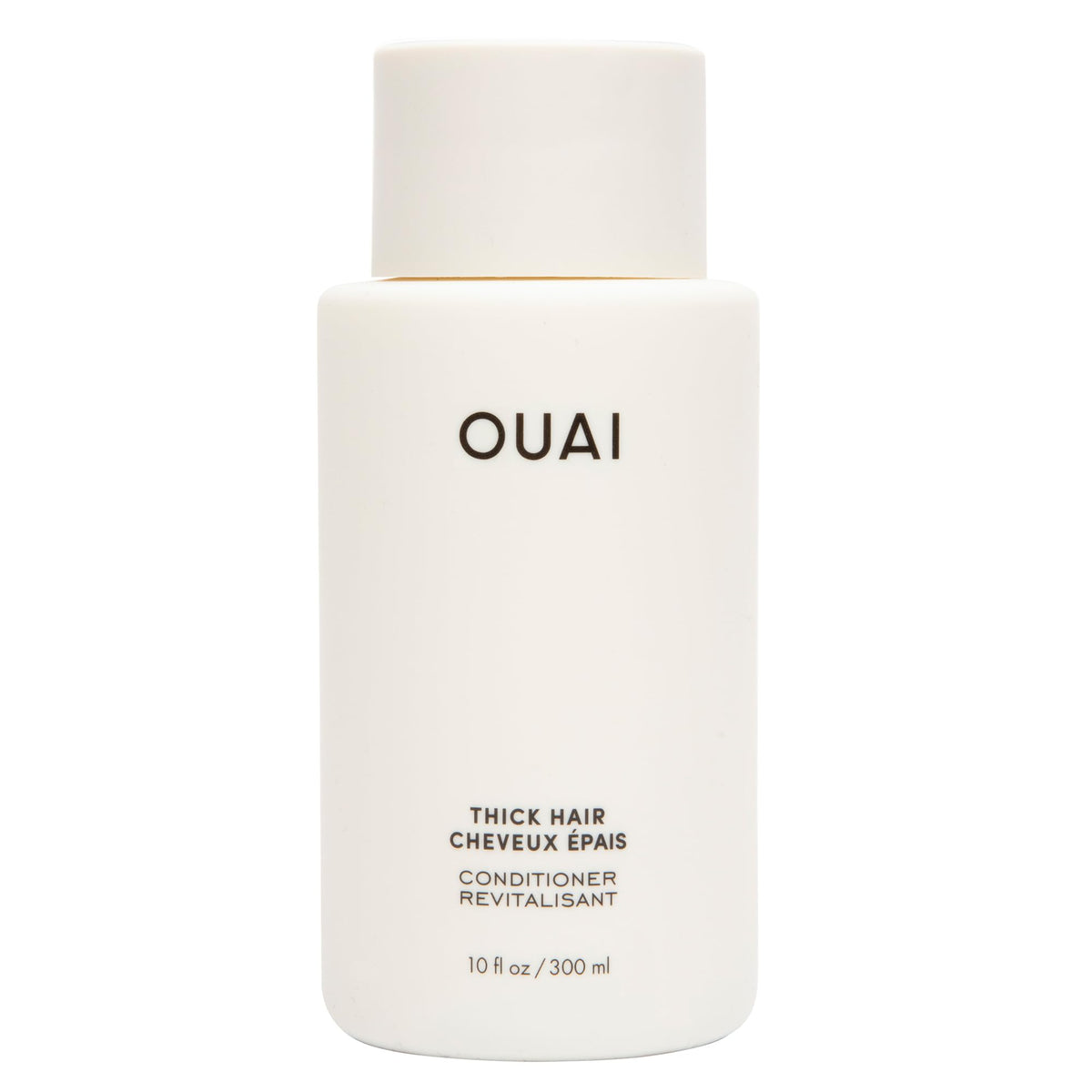 OUAI front packaging of Thick Hair Conditioner showing bottle and label benefits
