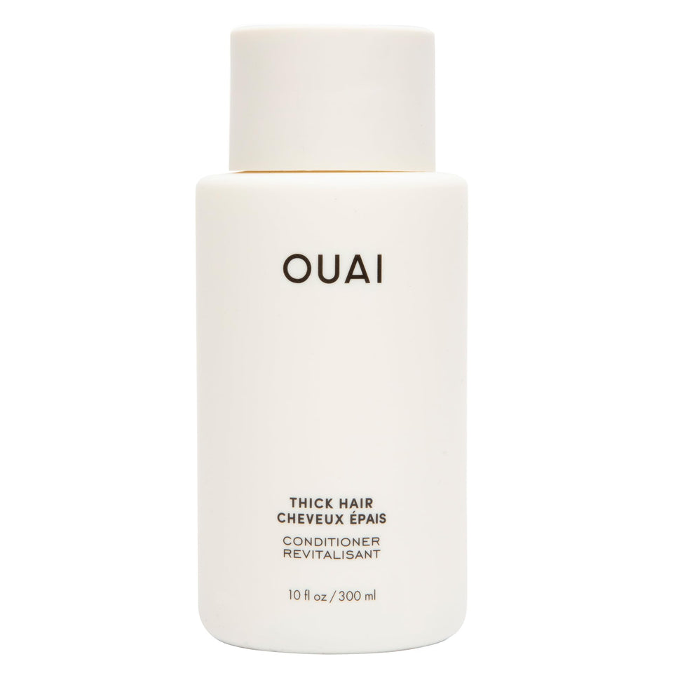 OUAI front packaging of Thick Hair Conditioner showing bottle and label benefits