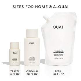 OUAI Thick Hair Conditioner on bathroom shelf styled in real-life setting