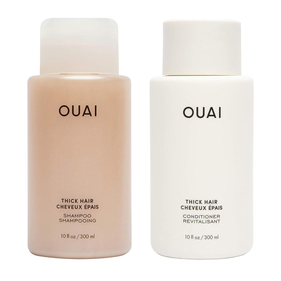 OUAI front packaging of shampoo and conditioner showing duo benefit