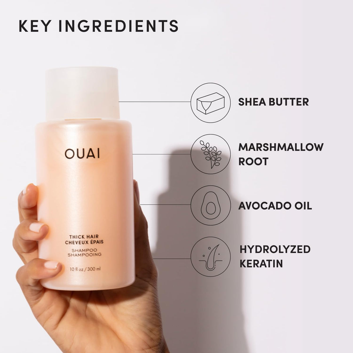OUAI thick shampoo ingredients spread with shea and avocado for strength