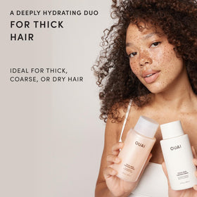 OUAI shampoo pump close-up highlighting easy travel dispensing and control