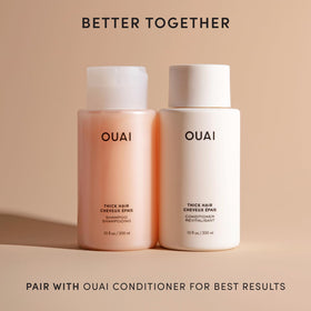 OUAI thick shampoo refill bag beside bottle illustrating sustainable refill