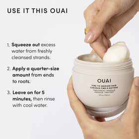 OUAI treatment mask 8 oz next to bottle to show actual product scale