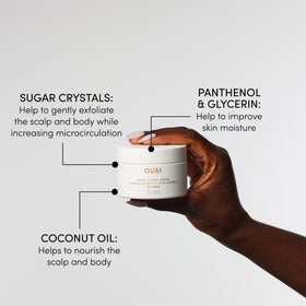 OUAI scalp scrub being massaged in shower to remove buildup and refresh scalp