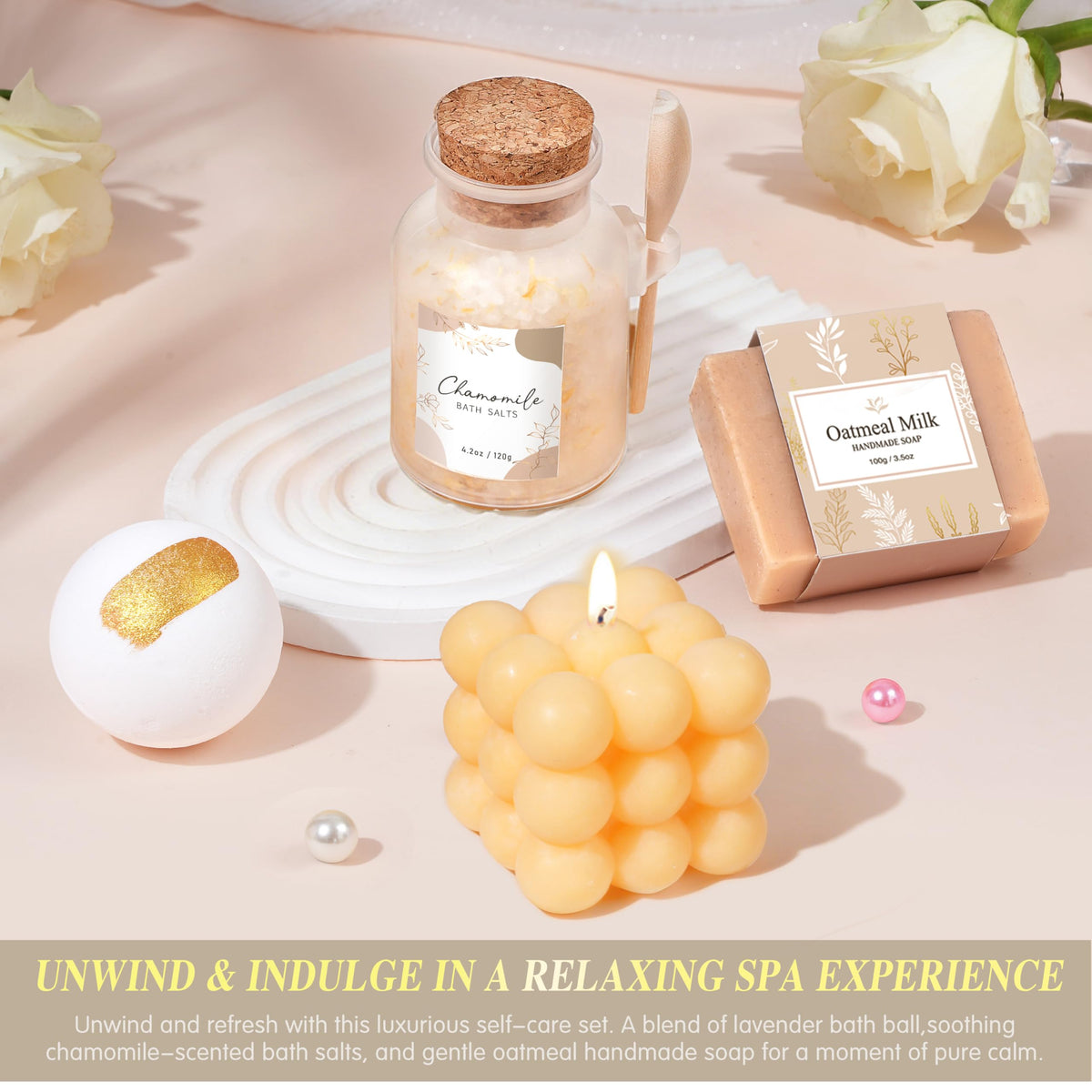 Oufrenn candle bath bomb bath salts and handmade soap staged to highlight at-home spa relaxation