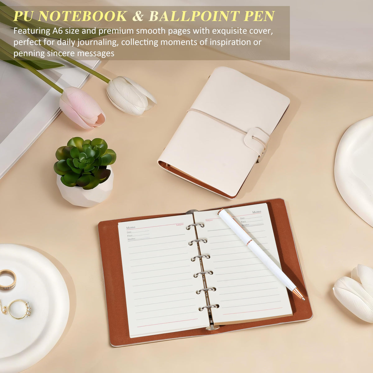 Oufrenn PU notebook pen and decorative rose accent arranged to show thoughtful stationery gift