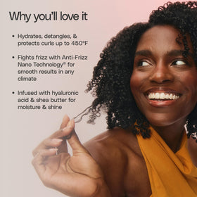 Ouidad bottle beside curly hair showing frizz control results