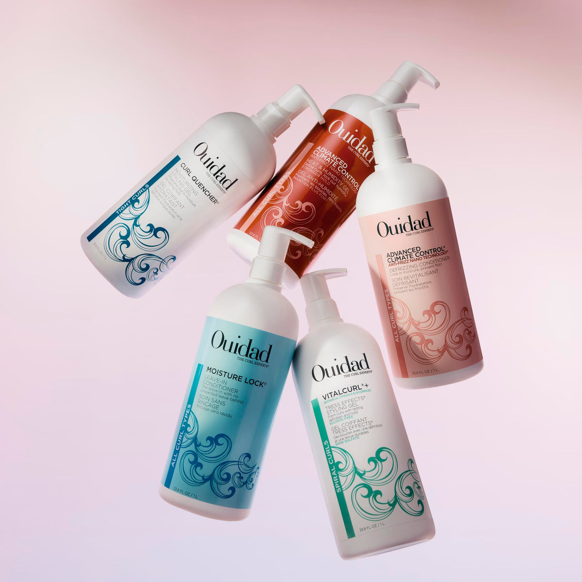 Ouidad large 33.8 fl oz bottle next to hand illustrating value size