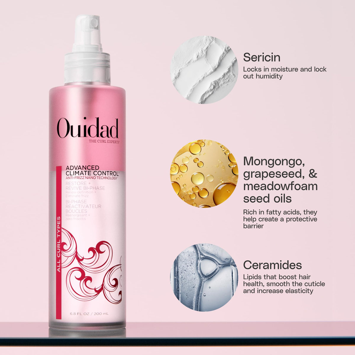 Ouidad spray nozzle detail demonstrating mist delivery for even curl coverage