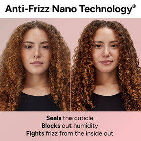 Ouidad ingredient label close-up highlighting nano-technology and silk protein benefits