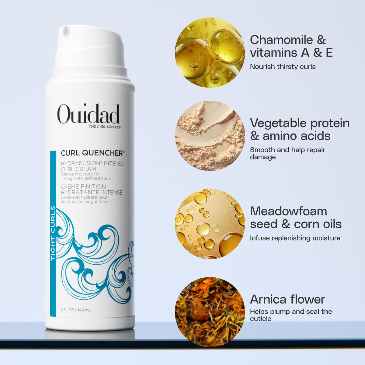 Ouidad label ingredients detail showing key extracts and clean formulation benefits