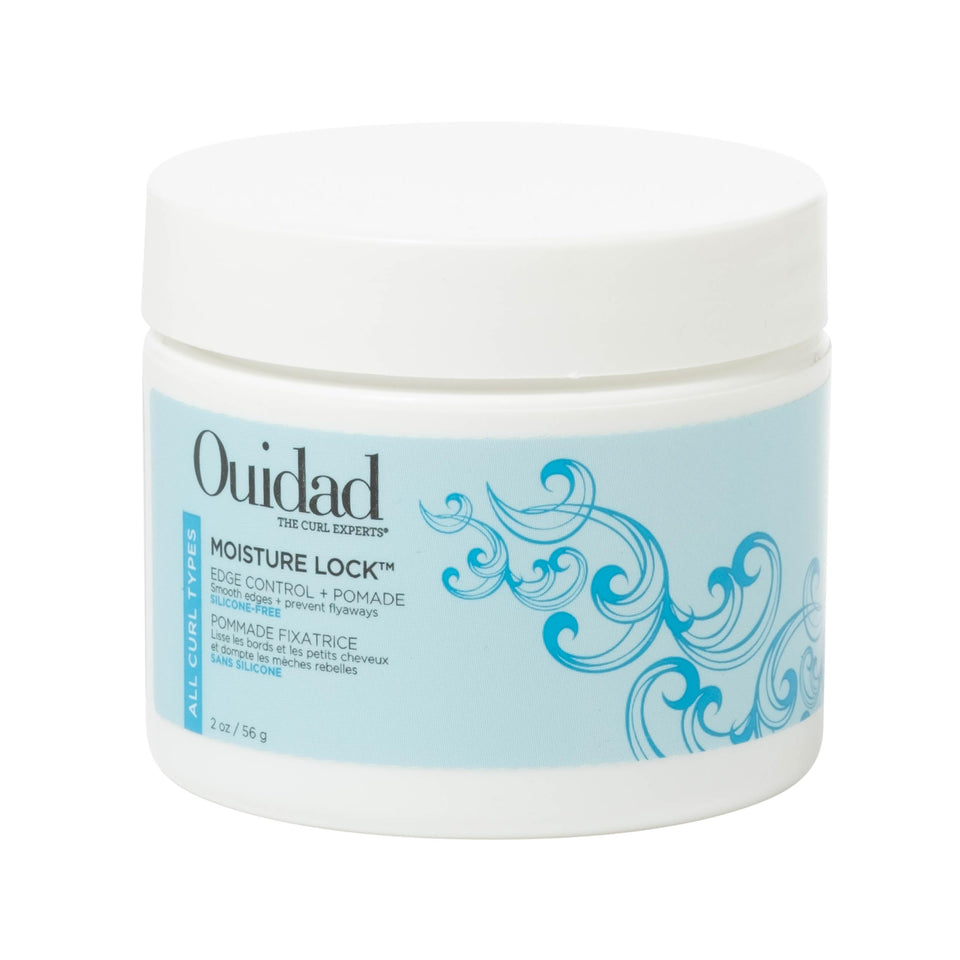 Ouidad jar front packaging showing label and clear pomade for neat edges and shine