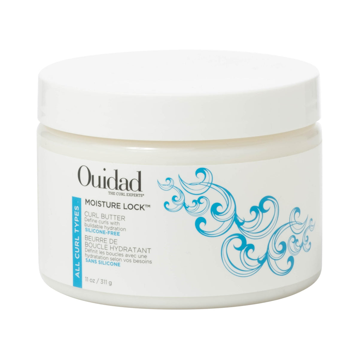 Ouidad front packaging showing jar and benefits for hydrated curls