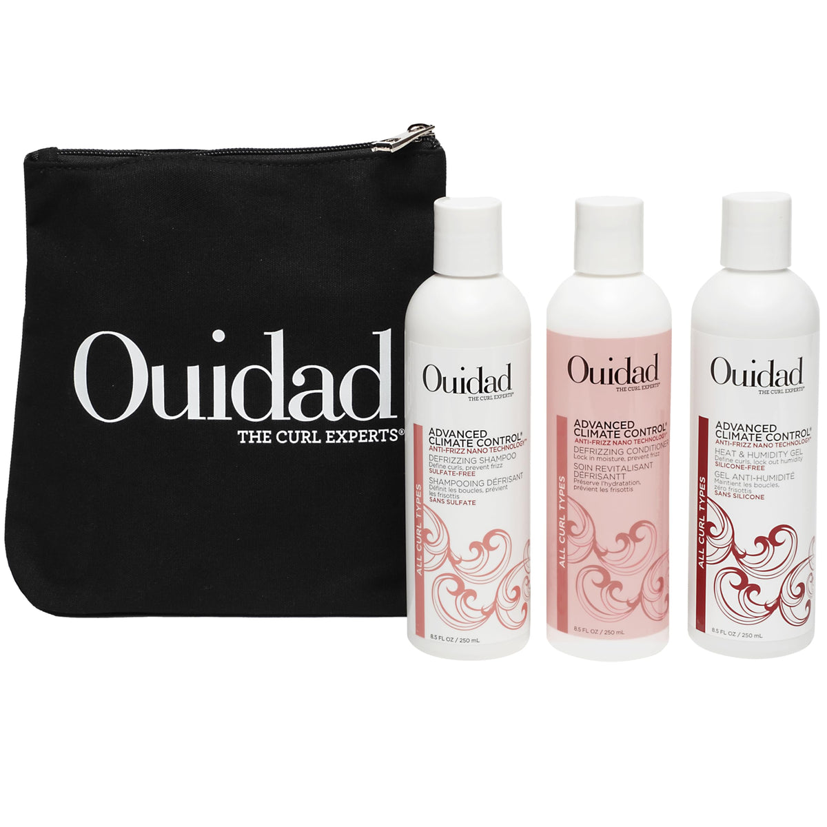 Ouidad front packaging showing three-piece kit and travel-ready canvas bag benefit