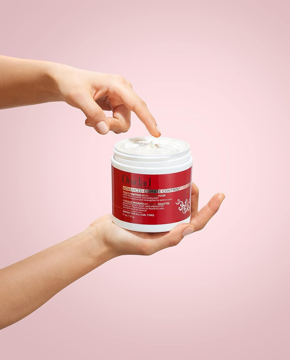 Ouidad product label close-up listing key ingredients and silicone-free benefit