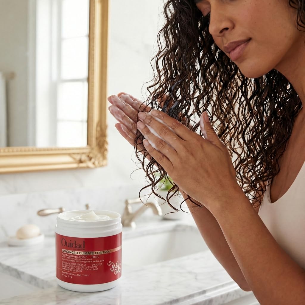 Ouidad jar on bathroom shelf in lifestyle setting for easy weekly treatment routine