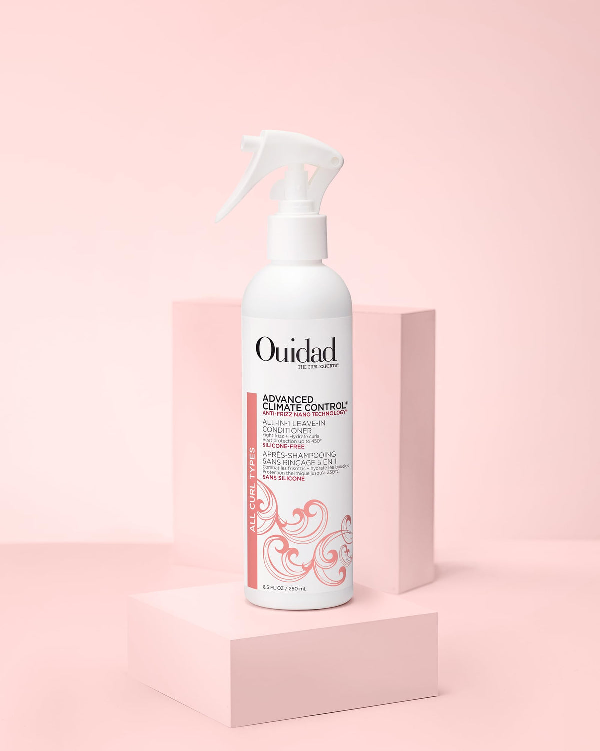 Product on bathroom shelf in styled setting showing Ouidad daily routine benefit