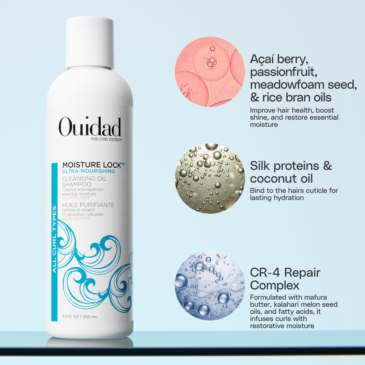 Ouidad shampoo dispensed from pump demonstrating easy controlled use