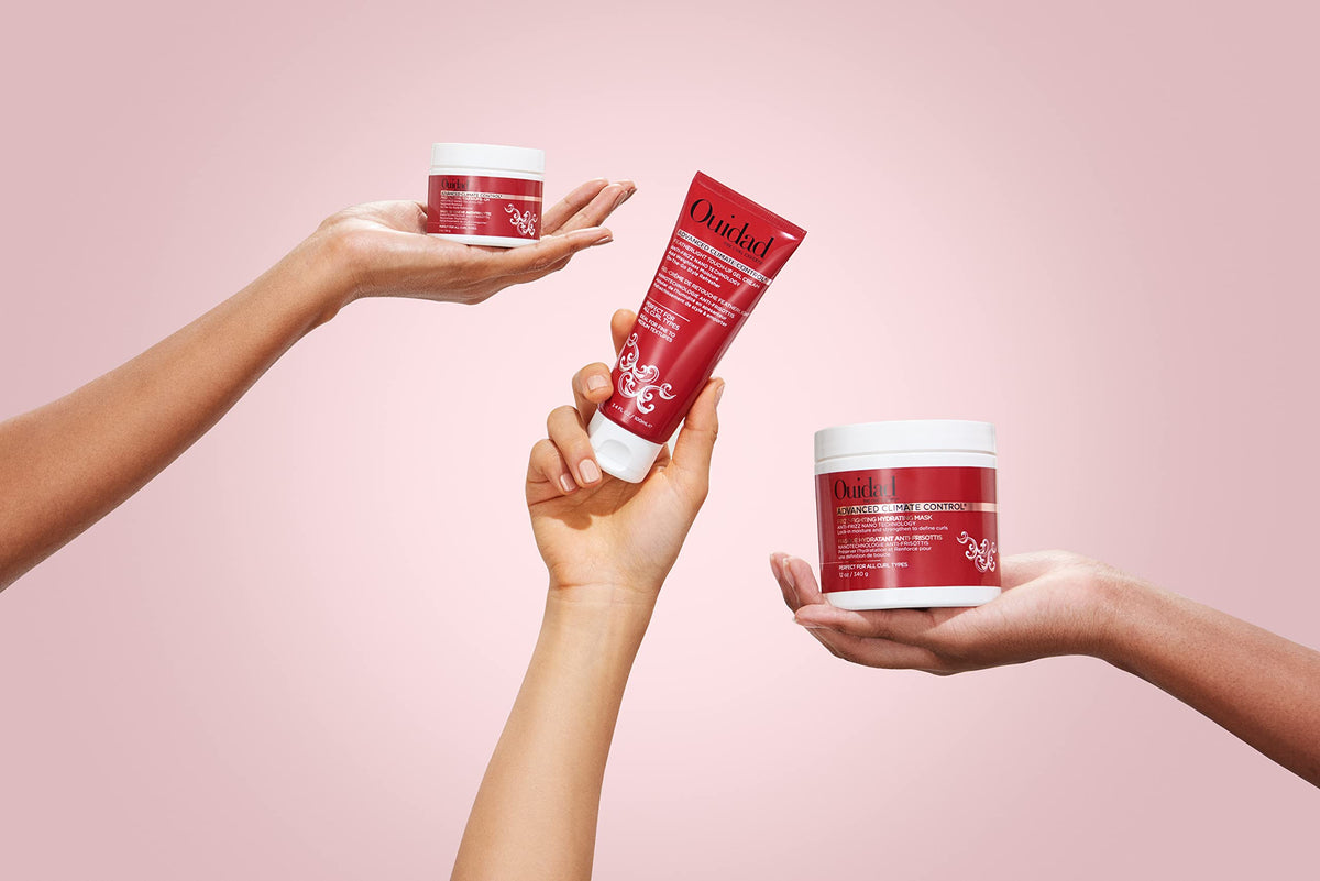 Ouidad balm applied to dry curls demonstrating frizz control benefit