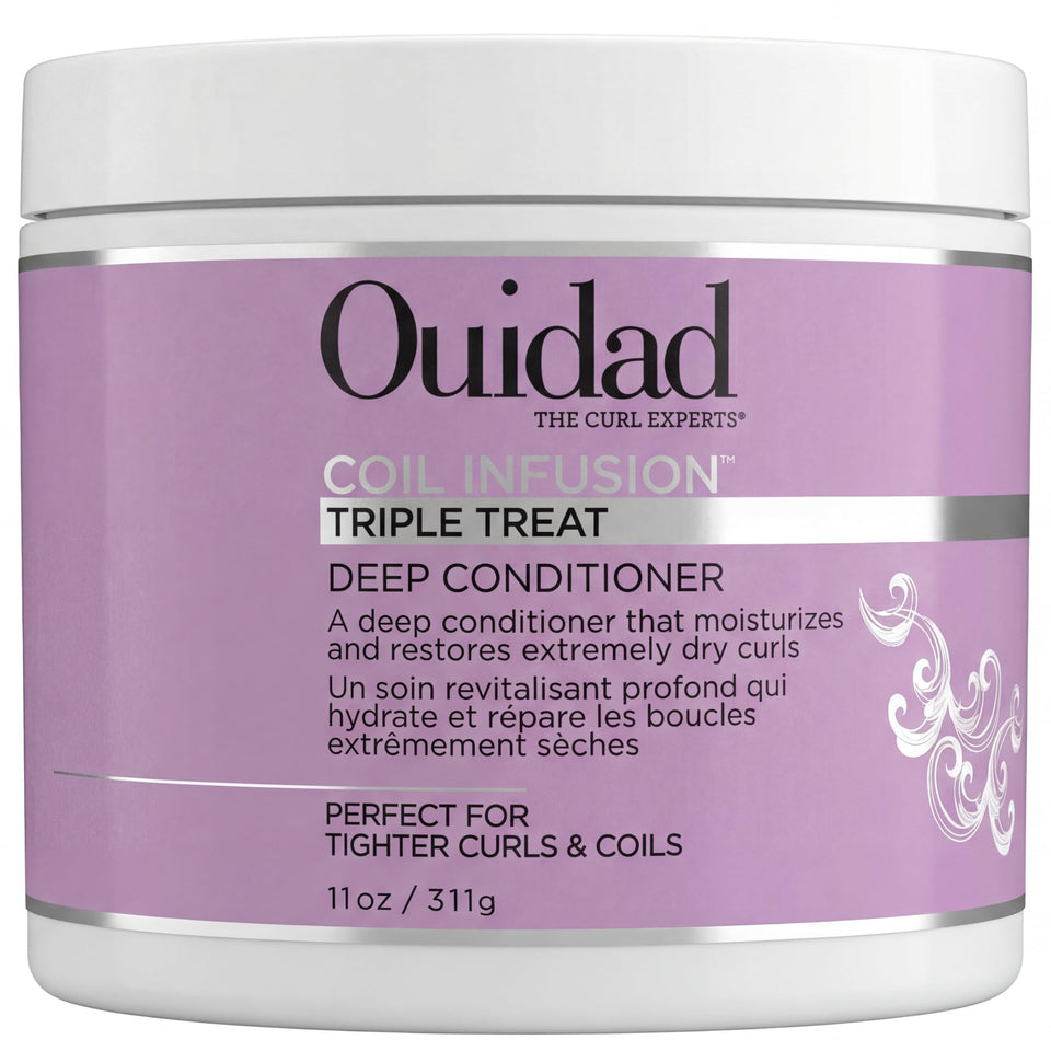 Ouidad jar front view showing label and 11oz size, clear product benefit