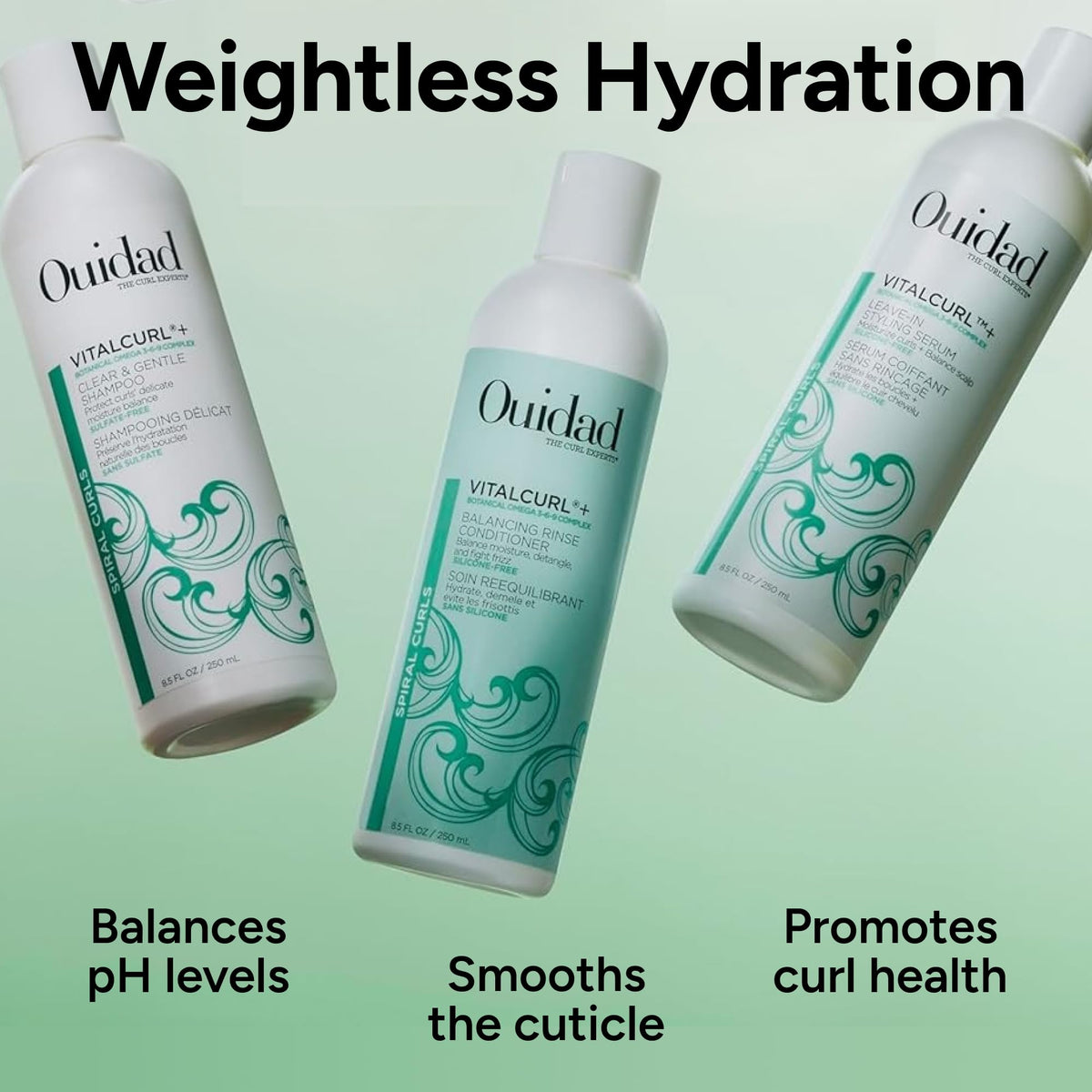 Ouidad VitalCurl bottle beside curl tools illustrating routine compatibility