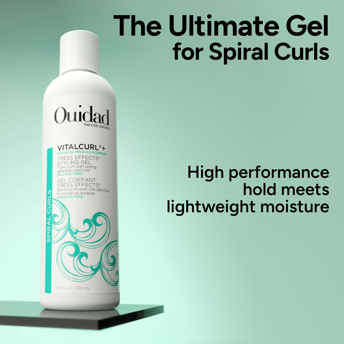 Ouidad gel placed on bathroom counter during styling showing real-life routine benefit