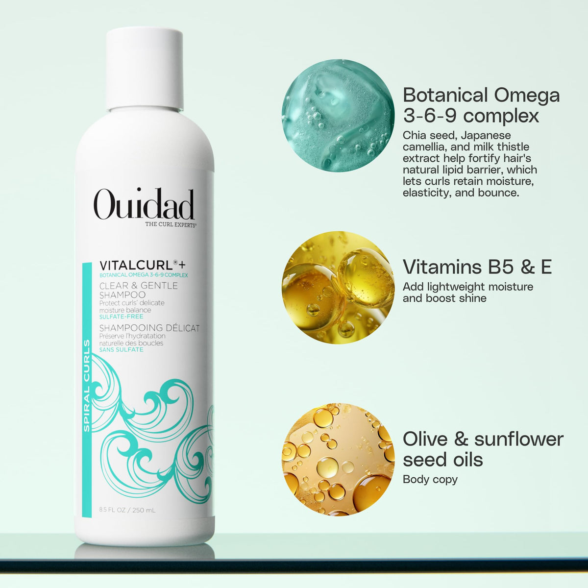 Ouidad label close-up highlighting product name and key Botanical Omega complex