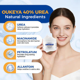 OUKEYA product label highlighting 40% urea concentration for deep exfoliation