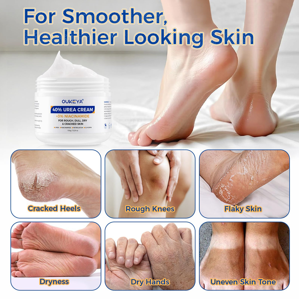 OUKEYA applying cream to heel showing targeted repair and long-lasting moisture