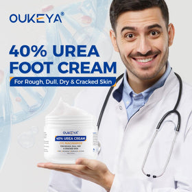 OUKEYA before and after feet comparison illustrating smoother, healed skin
