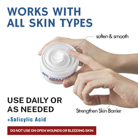 OUKEYA close-up ingredients label highlighting urea and salicylic acid benefits