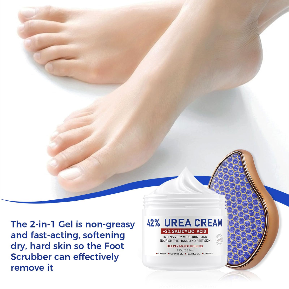 OUKEYA cream applied to heel, illustrating softening and visible smoothing