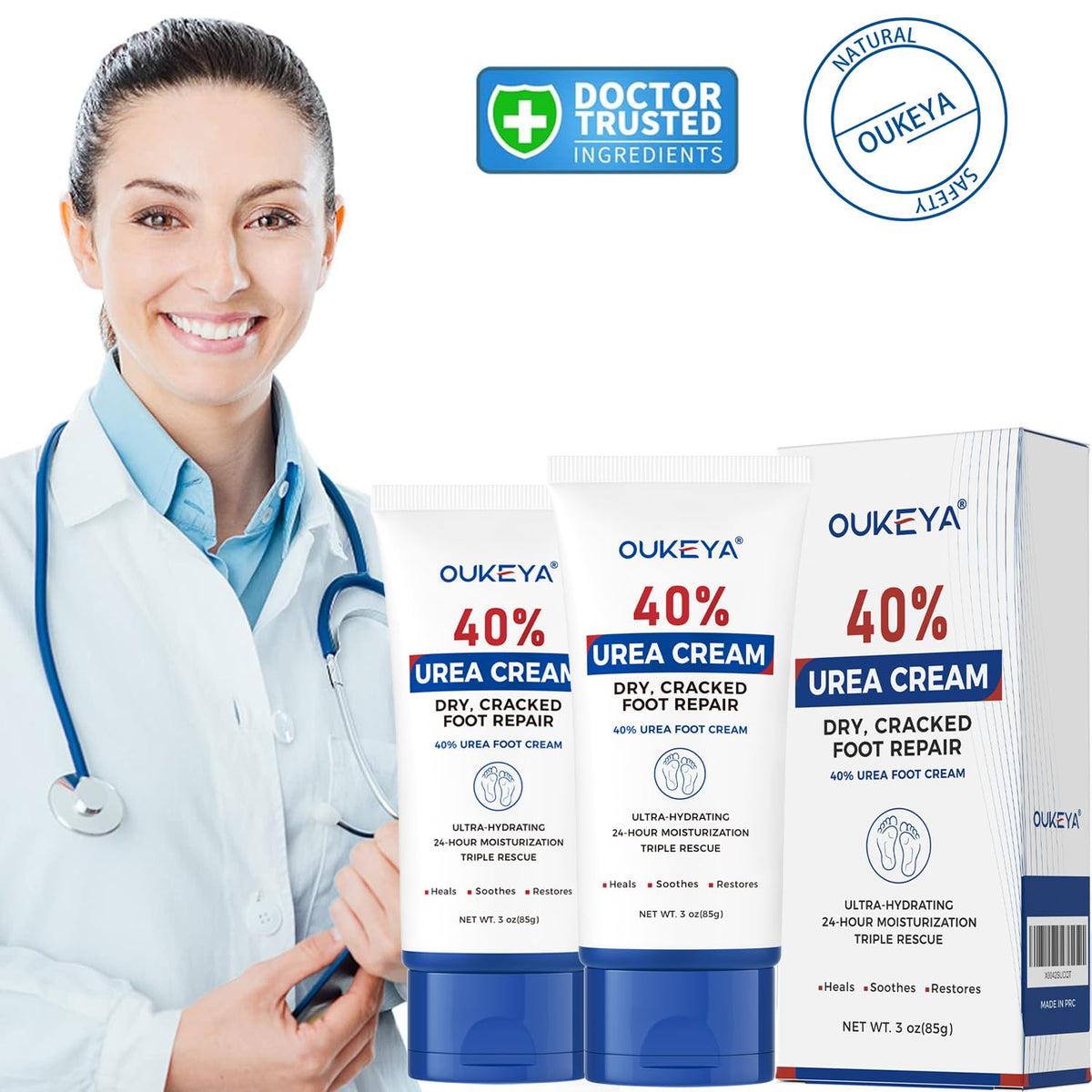 OUKEYA cream texture closeup showing smooth consistency, fast-absorbing hydration