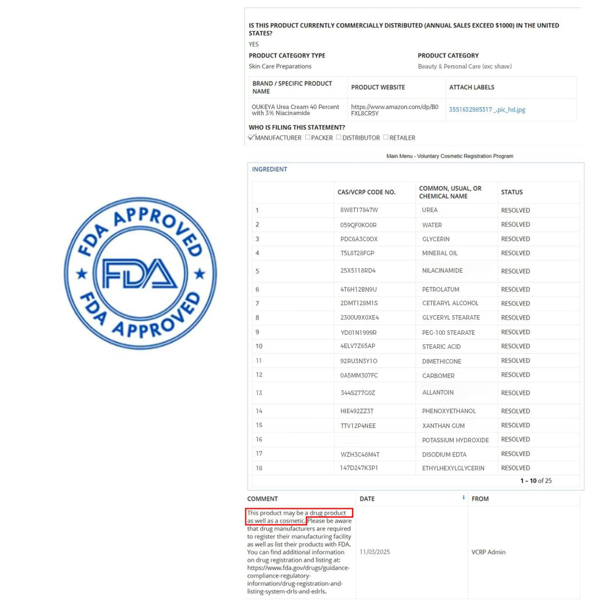 OUKEYA ingredients label close-up showing niacinamide and soothing components