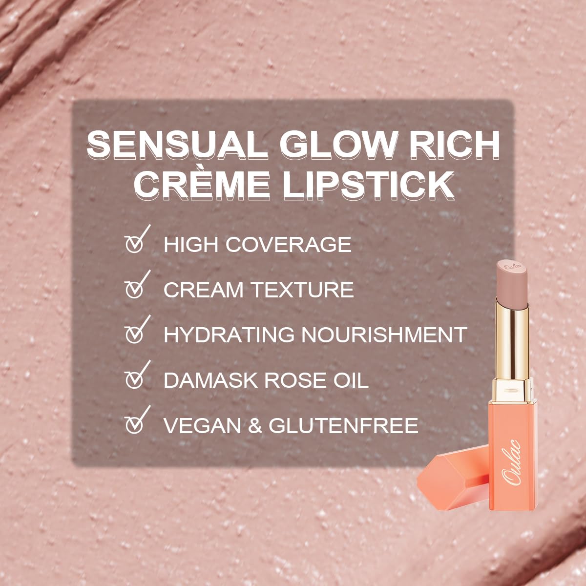 Oulac lipstick applied on model lips showing satin-matte finish and comfortable wear benefit