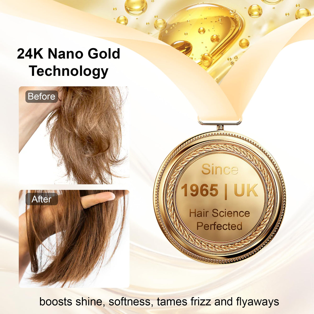 Oumigiz gold flake detail suspended in oil emphasizing luxury ingredient benefit: luminous shine