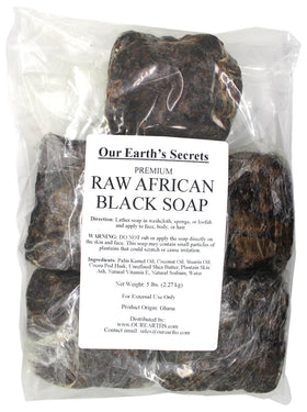 Our Earth's Secrets front view of 5 lb raw African black soap block showing texture and size benefit