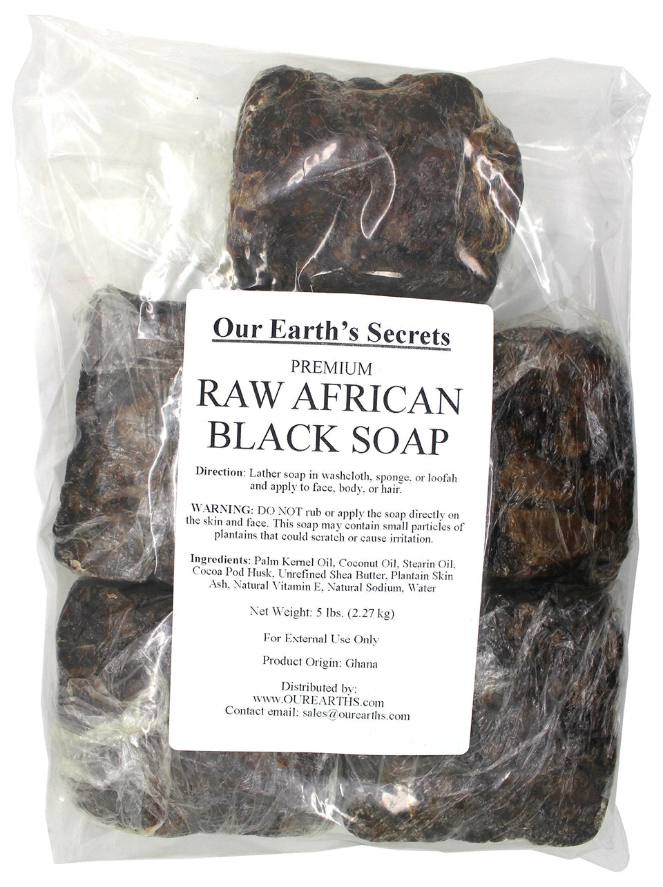Our Earth's Secrets front view of 5 lb raw African black soap block showing texture and size benefit