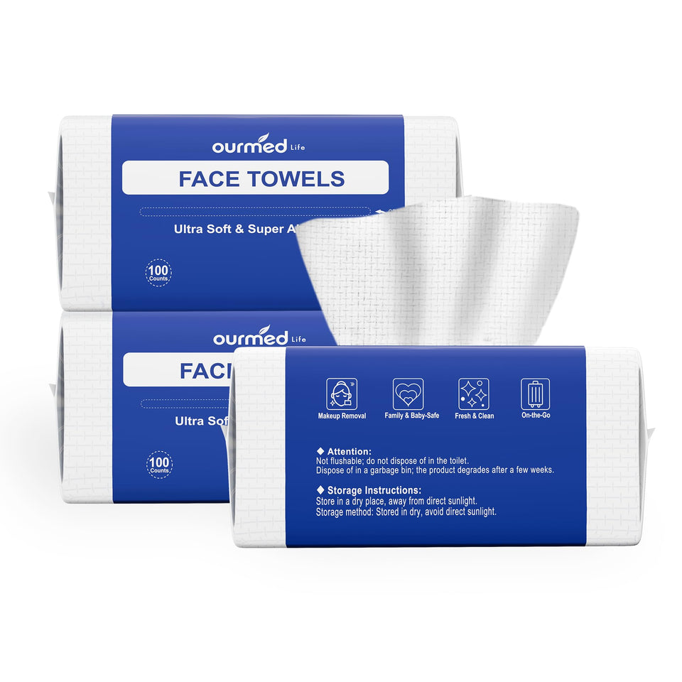 Ourmed Life front packaging showing 300-count biodegradable towels and benefits