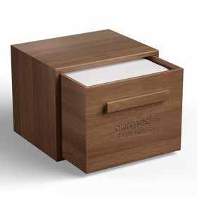 Ourmed Life walnut box front view shows elegant grain and organized storage benefit
