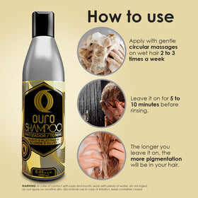 OURO shampoo on bathroom shelf in use scene, suggests polished blonde color results