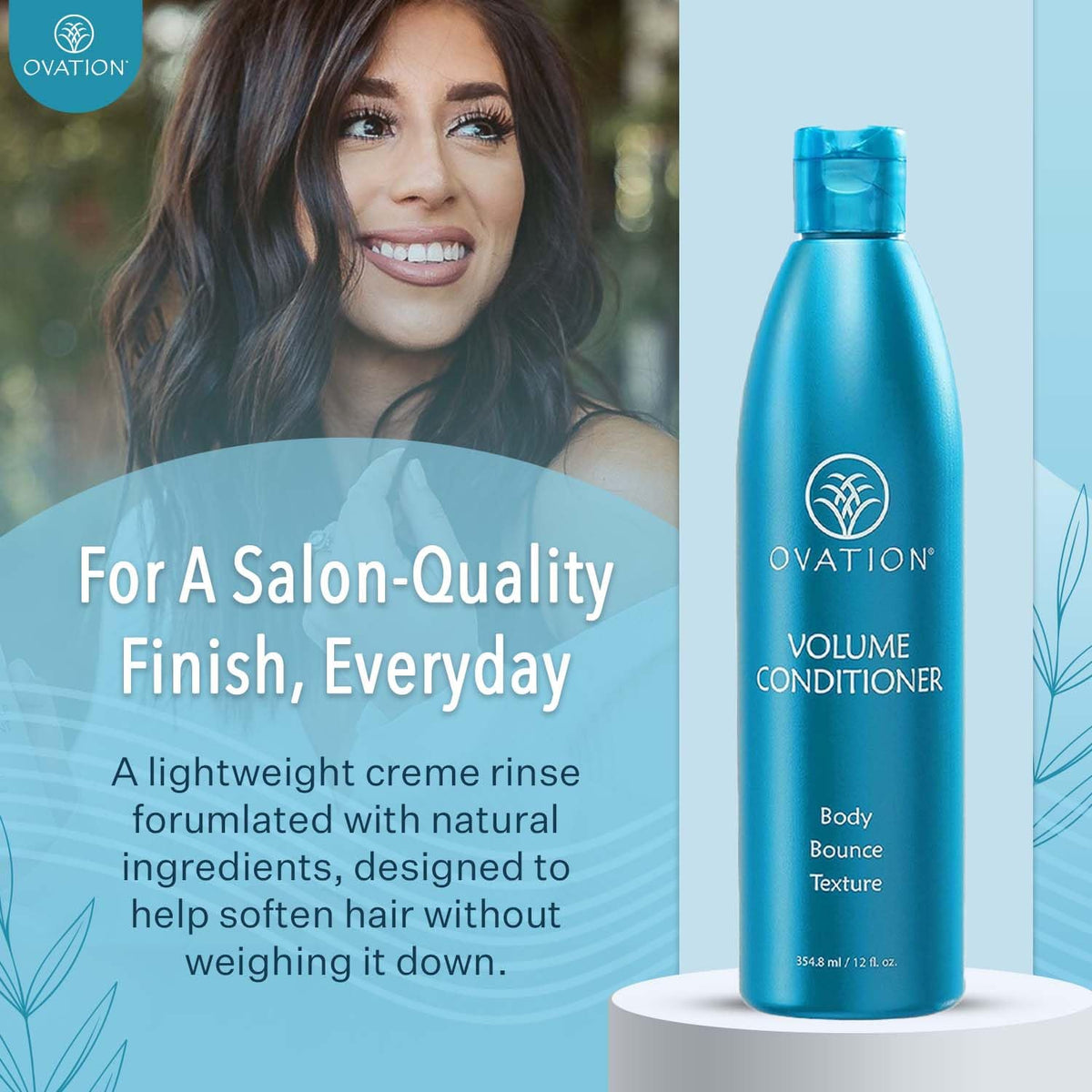 Ovation Hair conditioner in hand for size comparison and easy dispensing