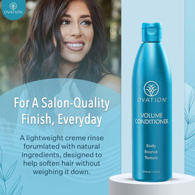 Ovation Hair conditioner in hand for size comparison and easy dispensing