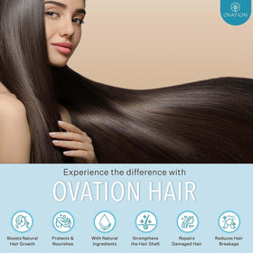 Ovation Hair product label close-up showing ingredients list for transparency and safety benefit