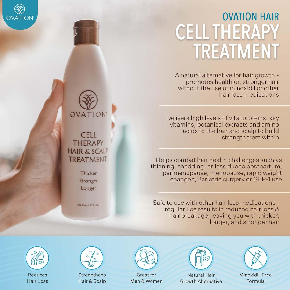 Ovation Hair texture on pump showing creamy treatment consistency for even coverage benefit