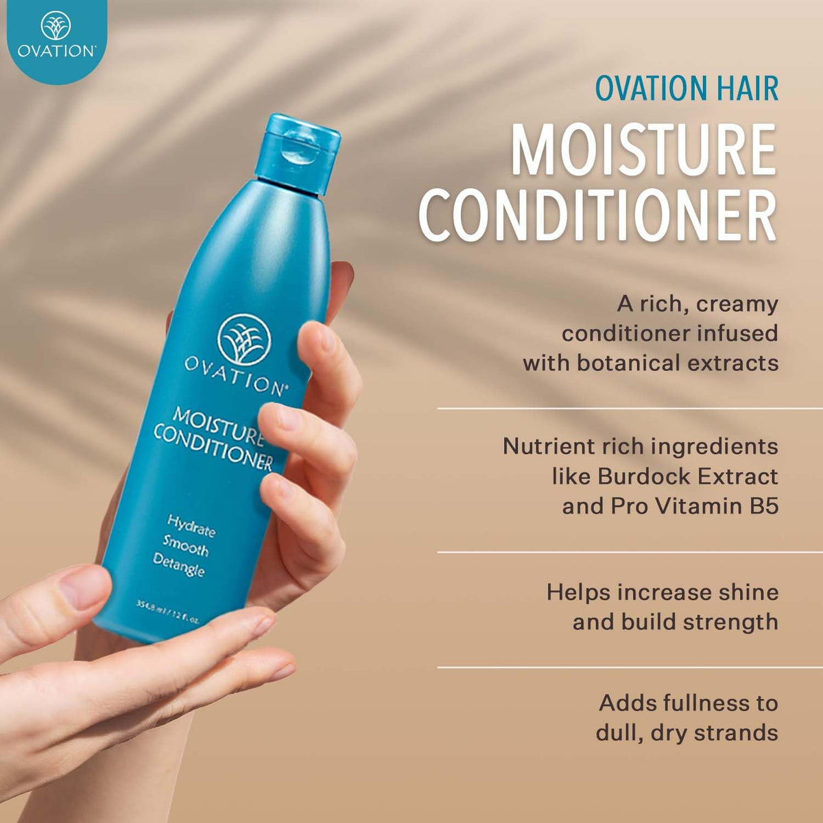 Ovation Moisture Conditioner label detail showing ingredients and salon quality assurance benefit