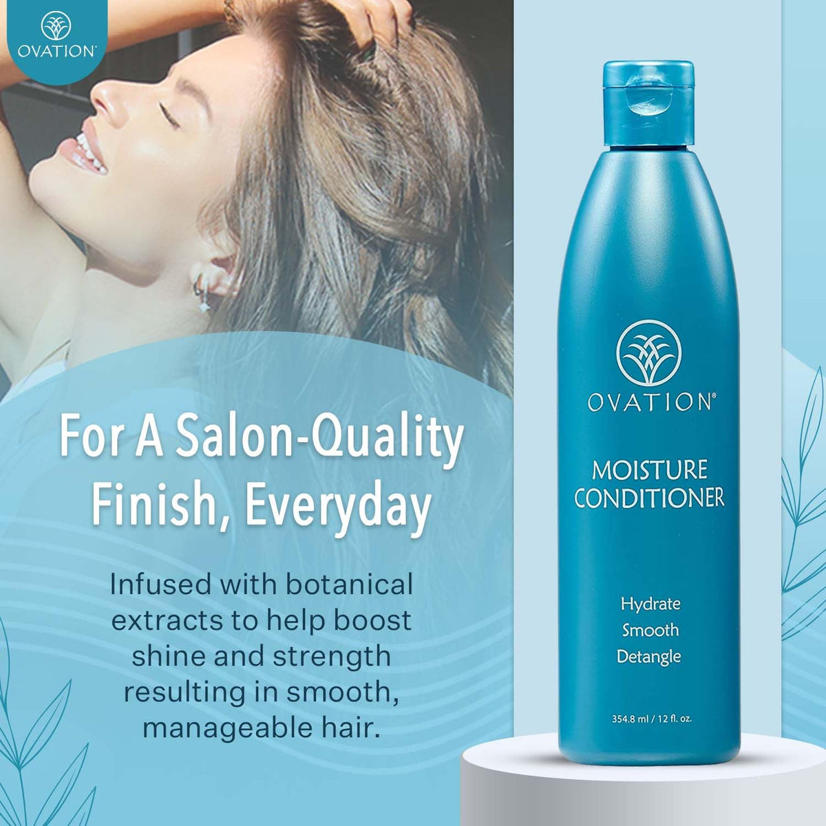 Ovation Moisture Conditioner pouring from bottle onto palm demonstrating easy application benefit